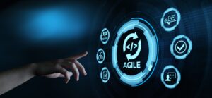 hand pointing at hologram of software development aspects