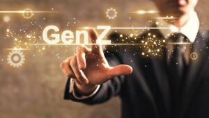 gen z text with businessman on dark vintage background