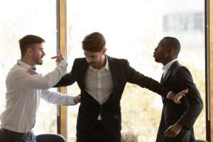 male colleague set apart angry diverse business men coworkers argue